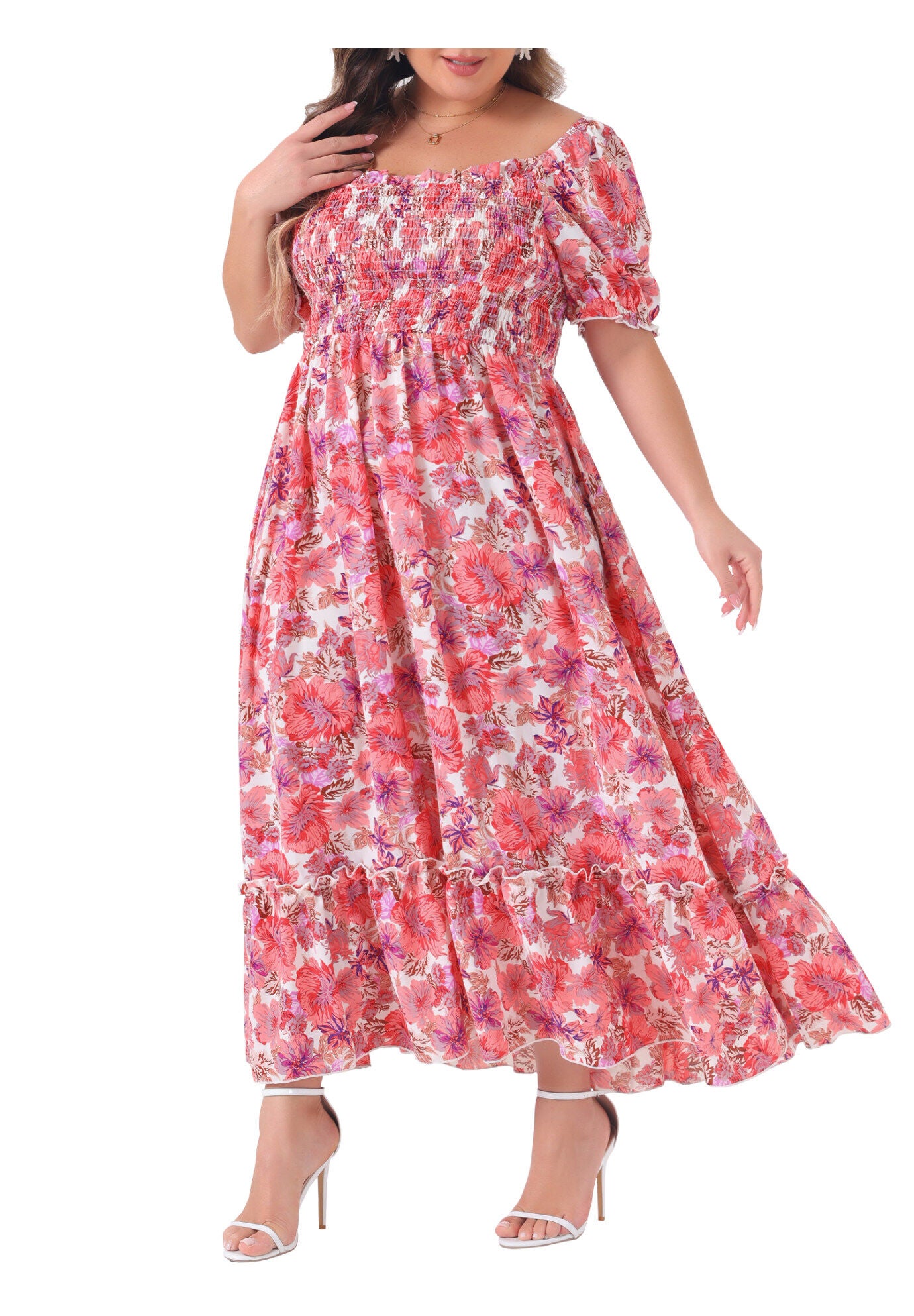 Short Sleeve Shirred Square Neck Floral Maxi Dress, Hot Pink / Deep Fuchsia, alternate image number 1