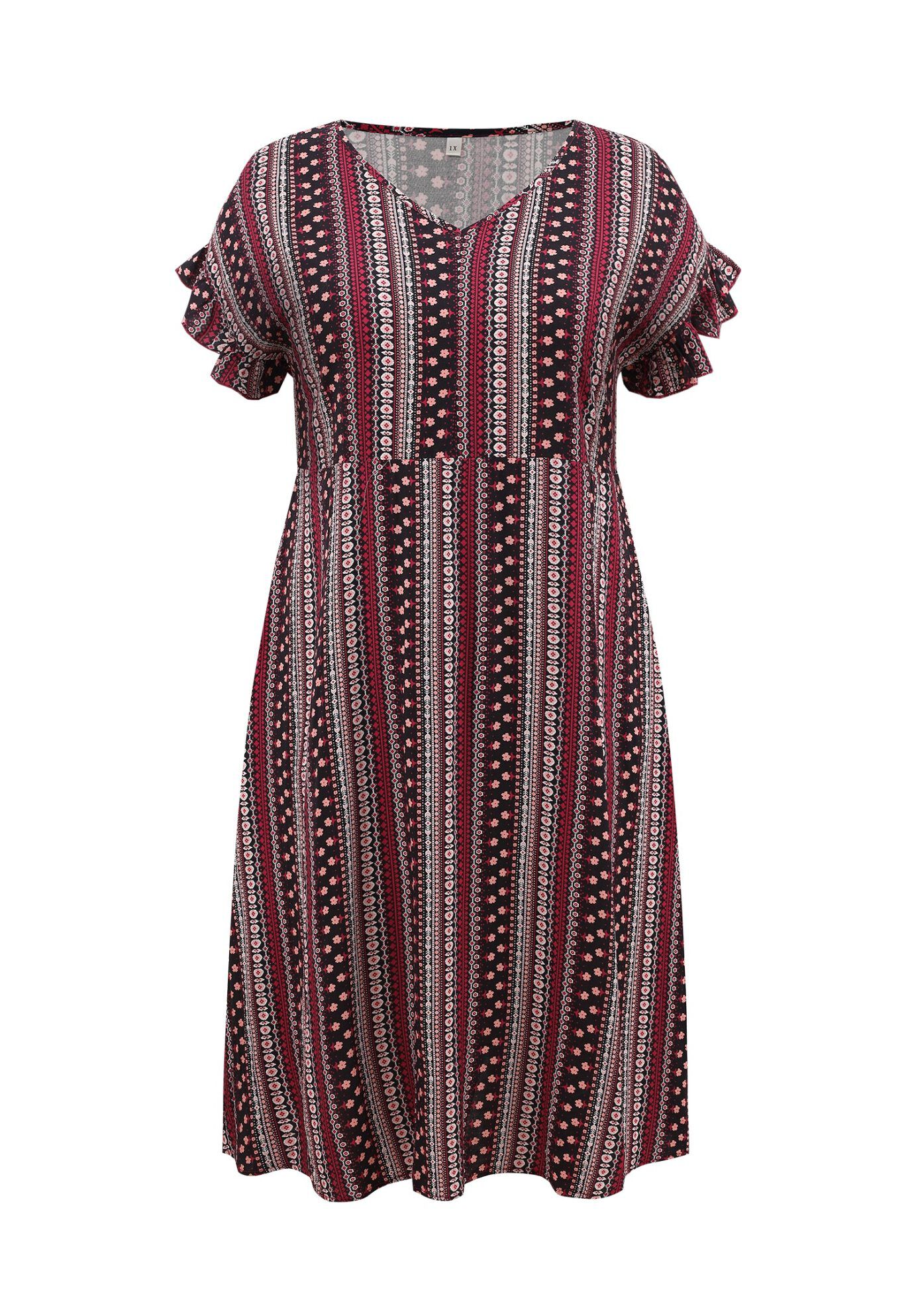 Boho Floral Stripe V Neck Ruffle Sleeve Flowy Midi Dress with Pockets, Berry Red / Red, alternate image number 3