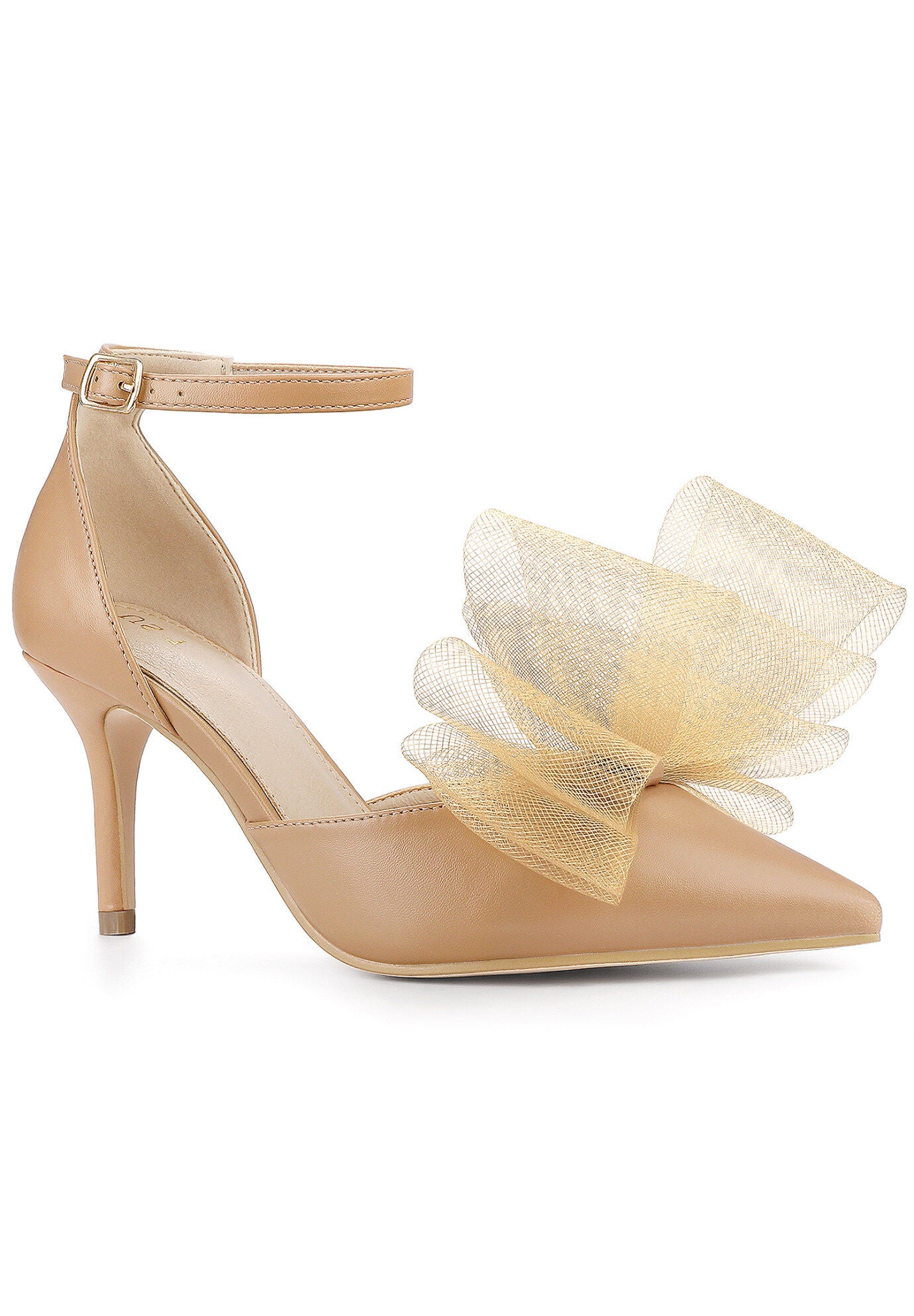 Bow Tie Ankle Strap Stiletto High Heels Wedding Pumps, Nude / Beige, hi-res image number 0