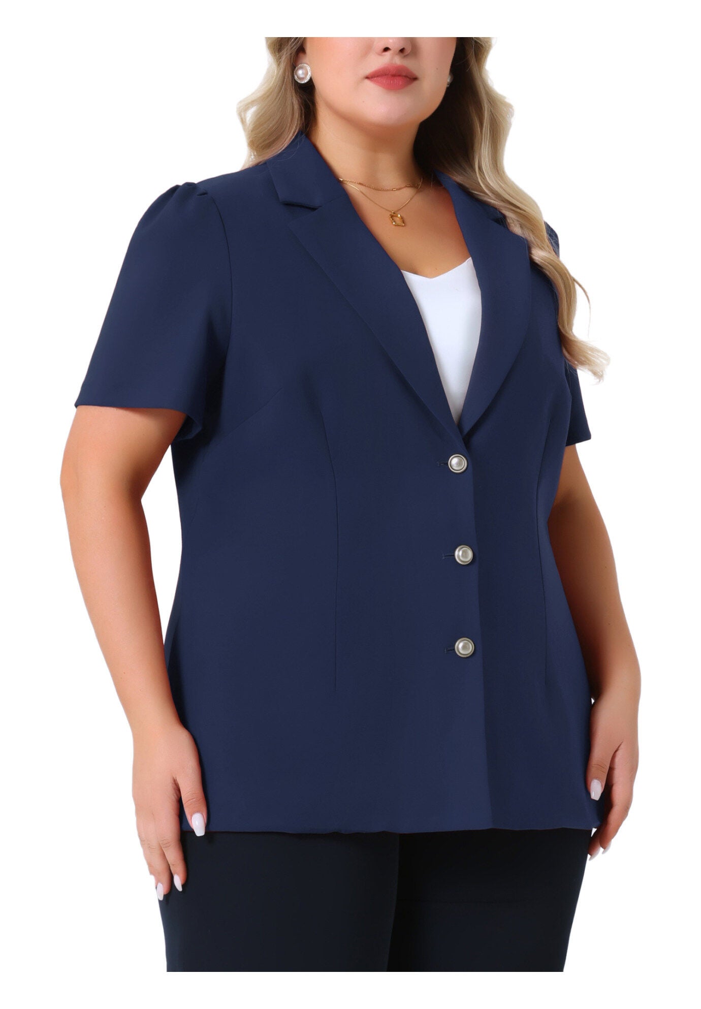 Notched Lapel Short Puff Sleeve Blazer Jackets, Navy Blue / Navy, alternate image number 3