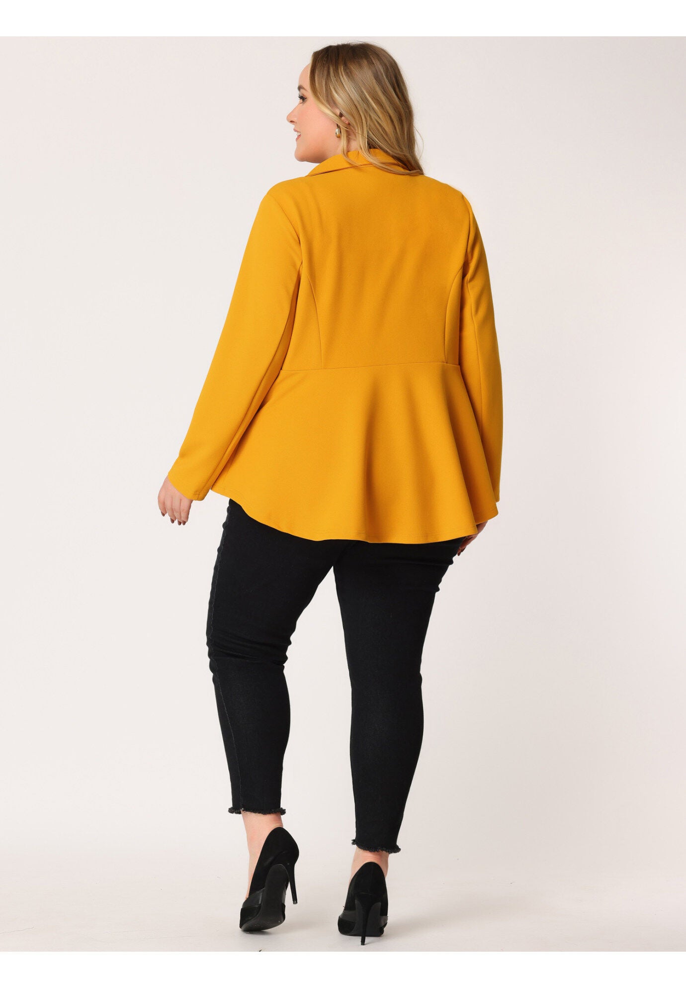 RUFFLE V NECK BUTTON NOTCH PANEL PEPLUM BLAZER, Yellow / Yellow, alternate image number 3