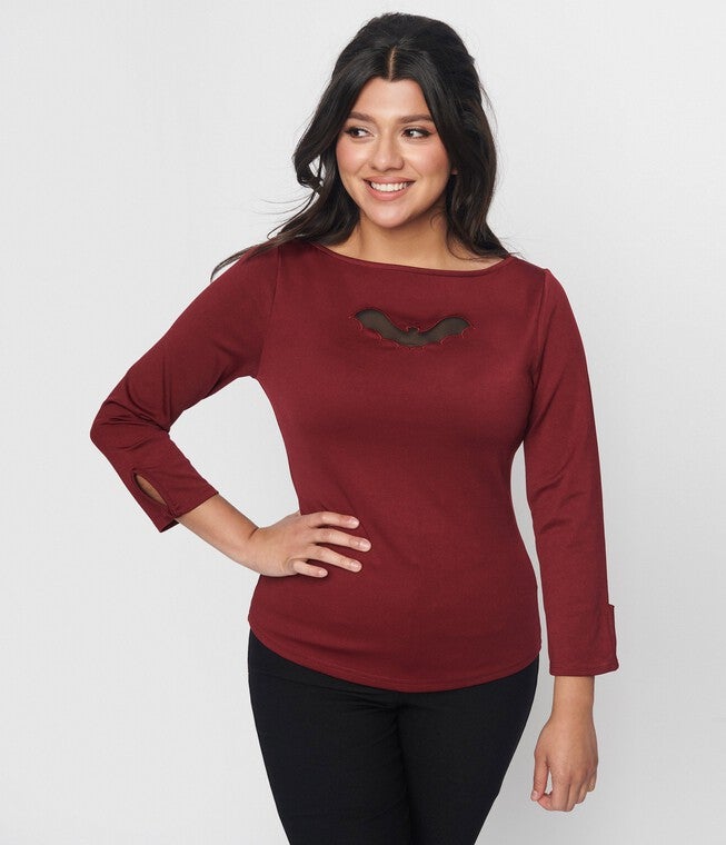 Unique Vintage Burgundy & Bat Cutout Gracie Top, Burgundy / Burgundy, alternate image number 4