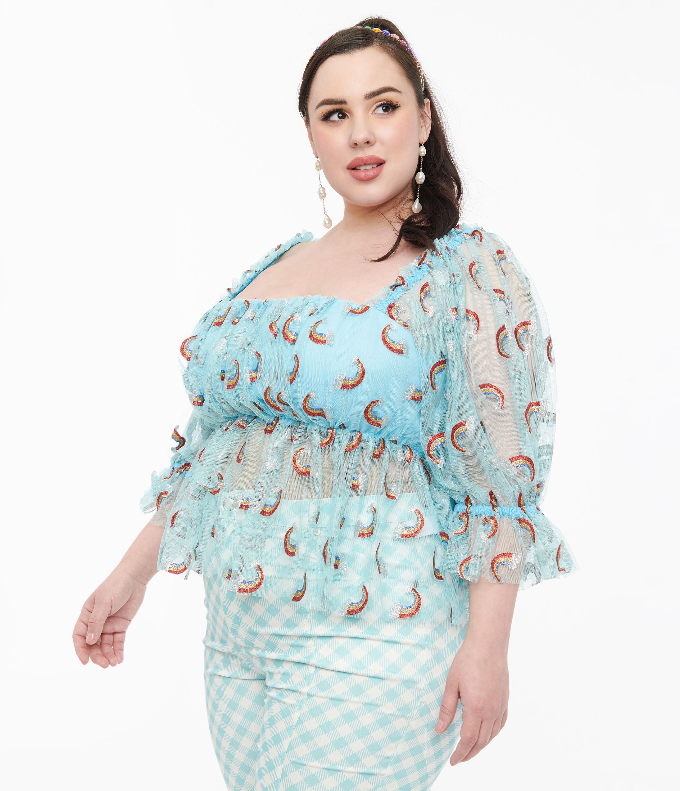 Smak Parlour 1960s Sky Blue & Glitter Rainbow Mesh Ruffle Babydoll Top, Sky Blue  Glitter Rainbow / Light Blue, alternate image number 1