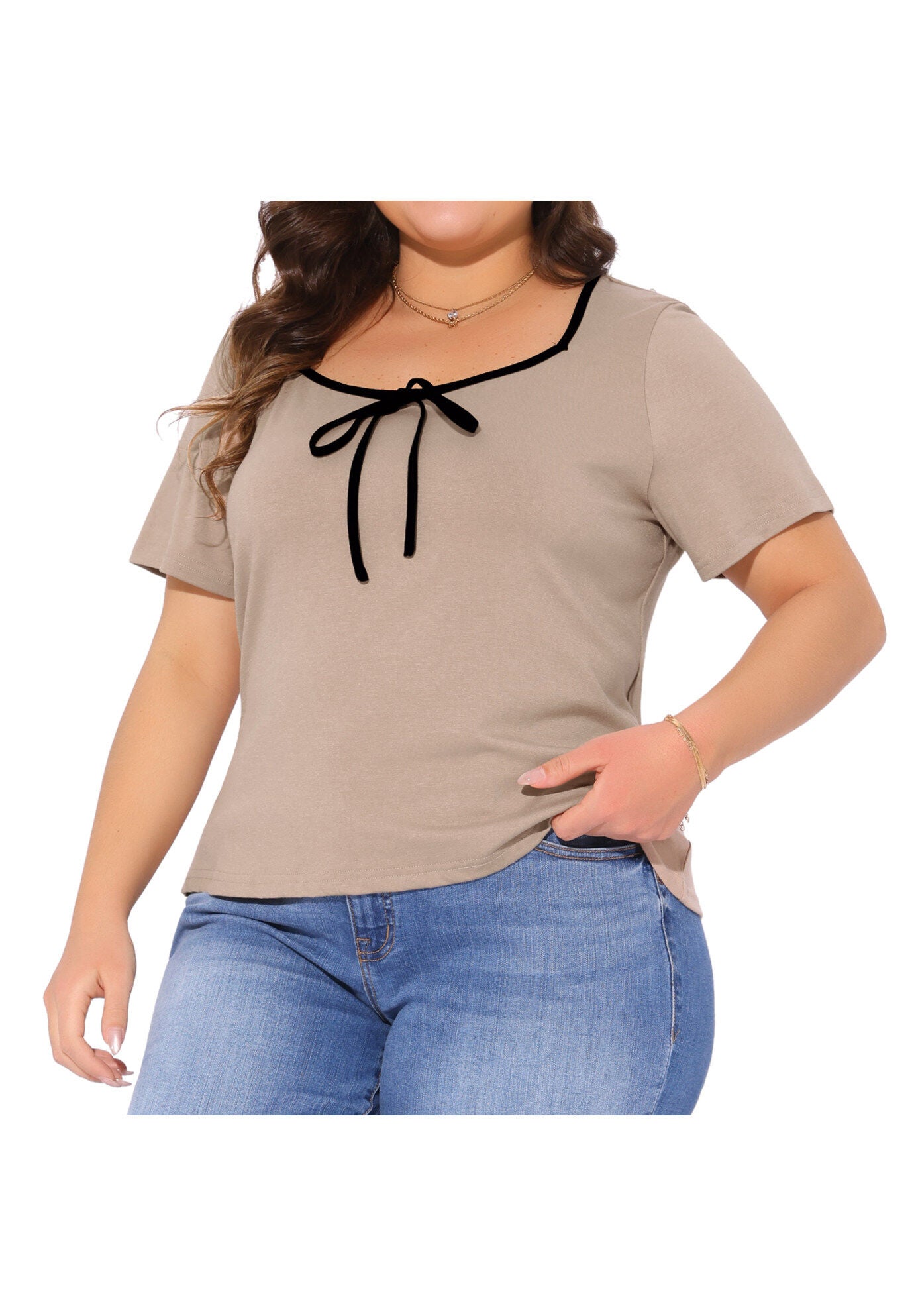 Sweetheart Neck Contrast Trim Tie Knot Short Sleeve T-Shirt, Camel / Beige, alternate image number 1