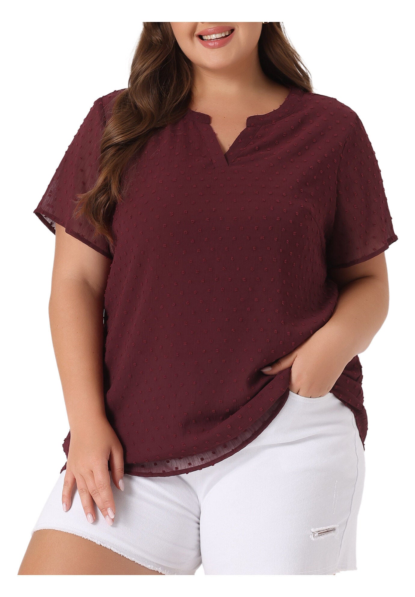 Swiss Dots Notched Neck Short Sleeve Basic Blouse, Burgundy / Burgundy, alternate image number 2
