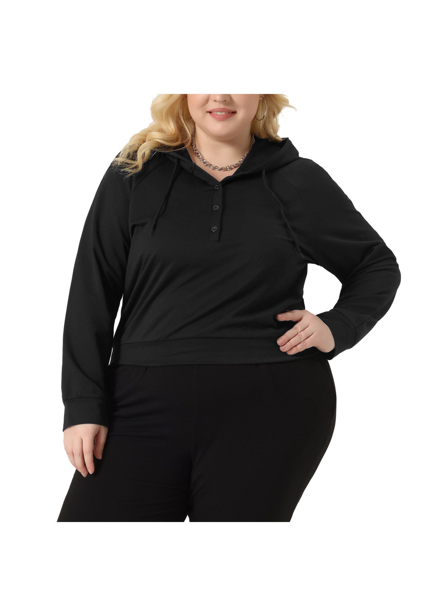 Button Collar Drawstring Hoodies Pullover Sweatshirt Top, Black / Black, alternate image number 2