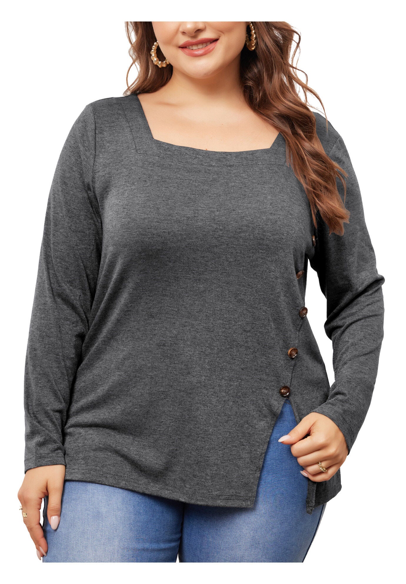 Side Button Square Neck Long Sleeve Tunic Blouse, Grey / Charcoal Grey, alternate image number 3
