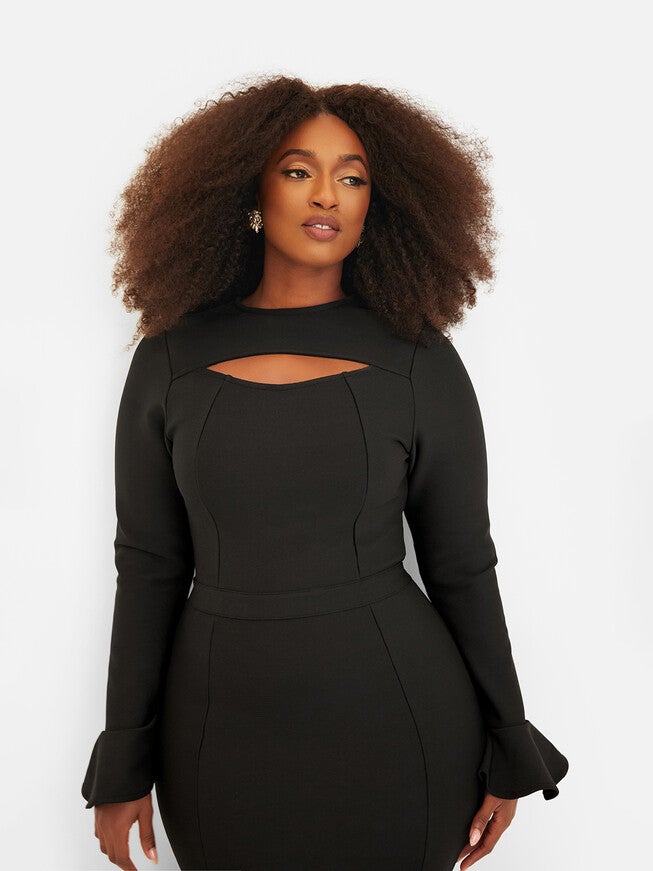 Amie Bandage Bell Sleeve Midi Bodycon Dress - Black, Black / Black, alternate image number 2