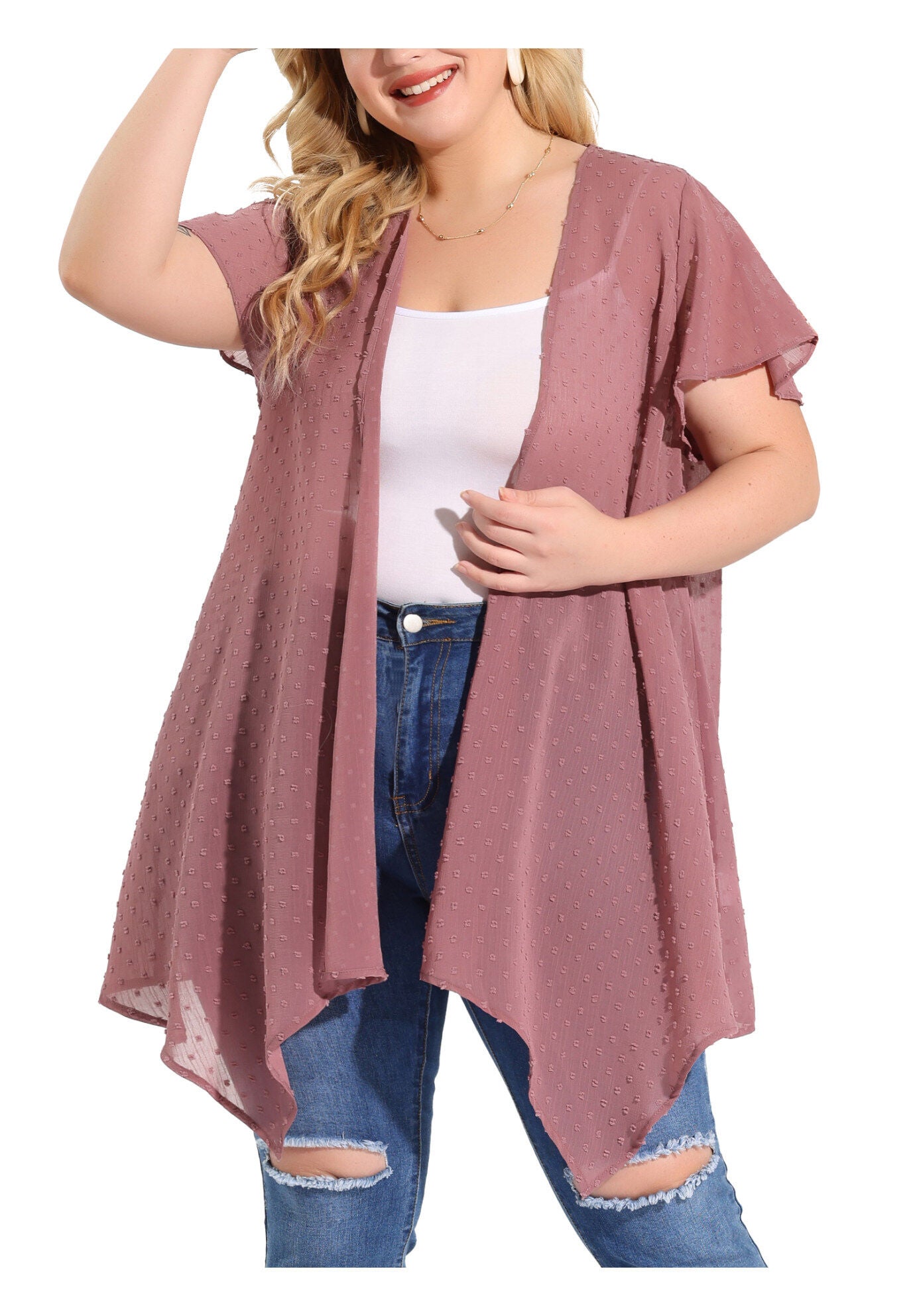 FLARE SLEEVE HIGH LOW SWISS DOTS CARDIGAN, Purple / Purple, alternate image number 2