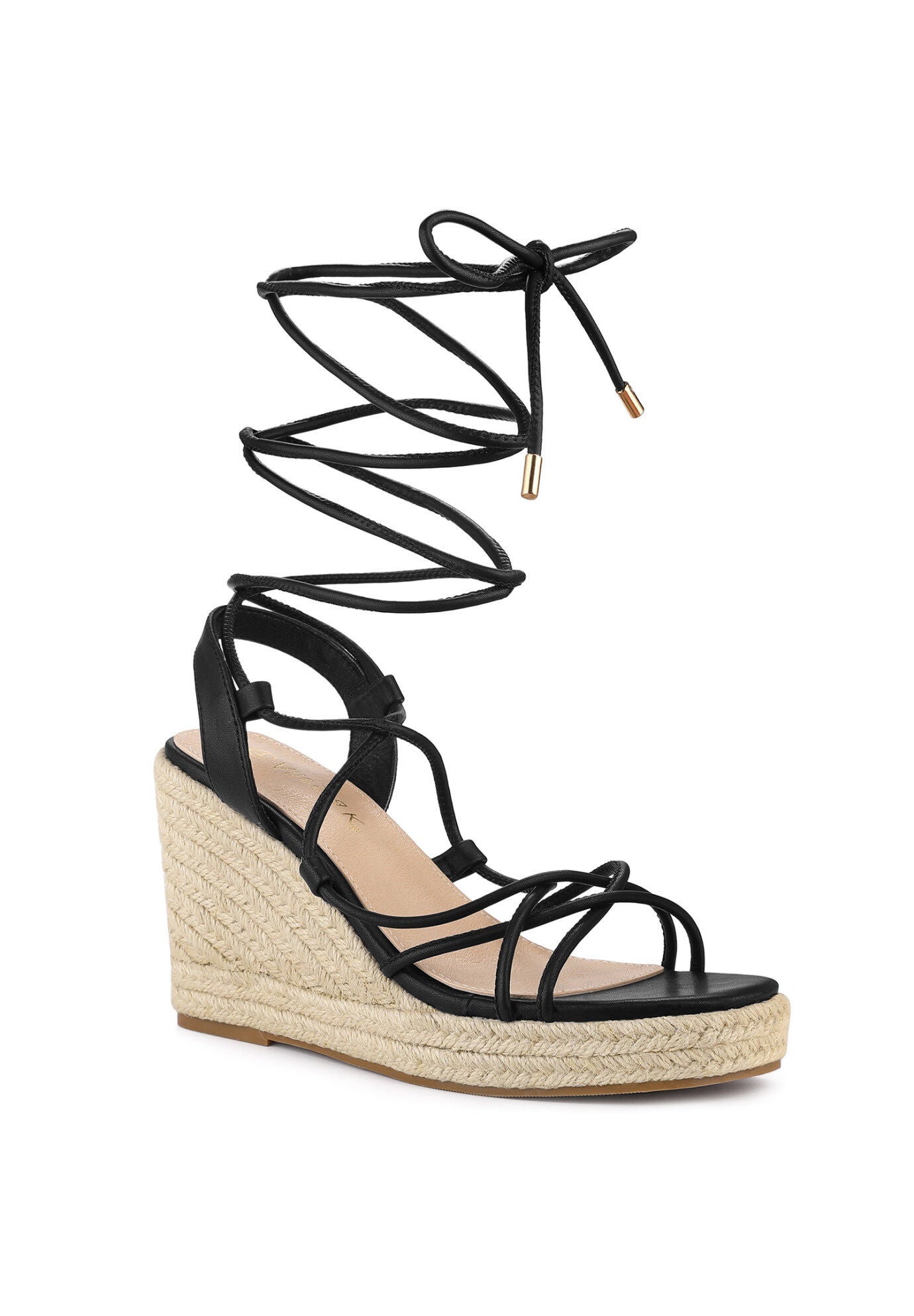 Platform Square Toe Lace Up Espadrilles Heels Wedge Sandals, Black / Black, hi-res image number 0