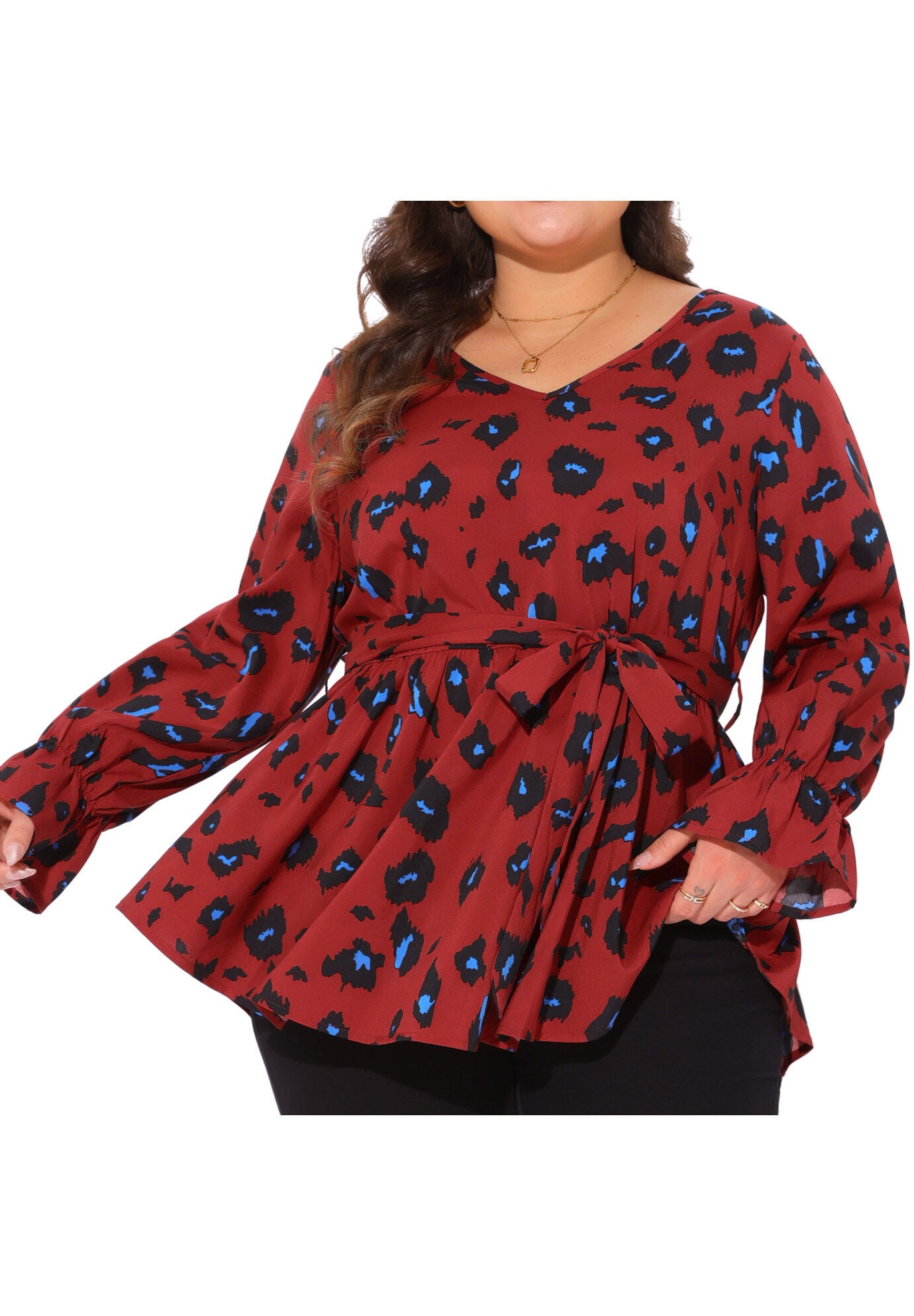 Graphic Print Belted Long Sleeve Peplum Blouse, Red / Red, alternate image number 2