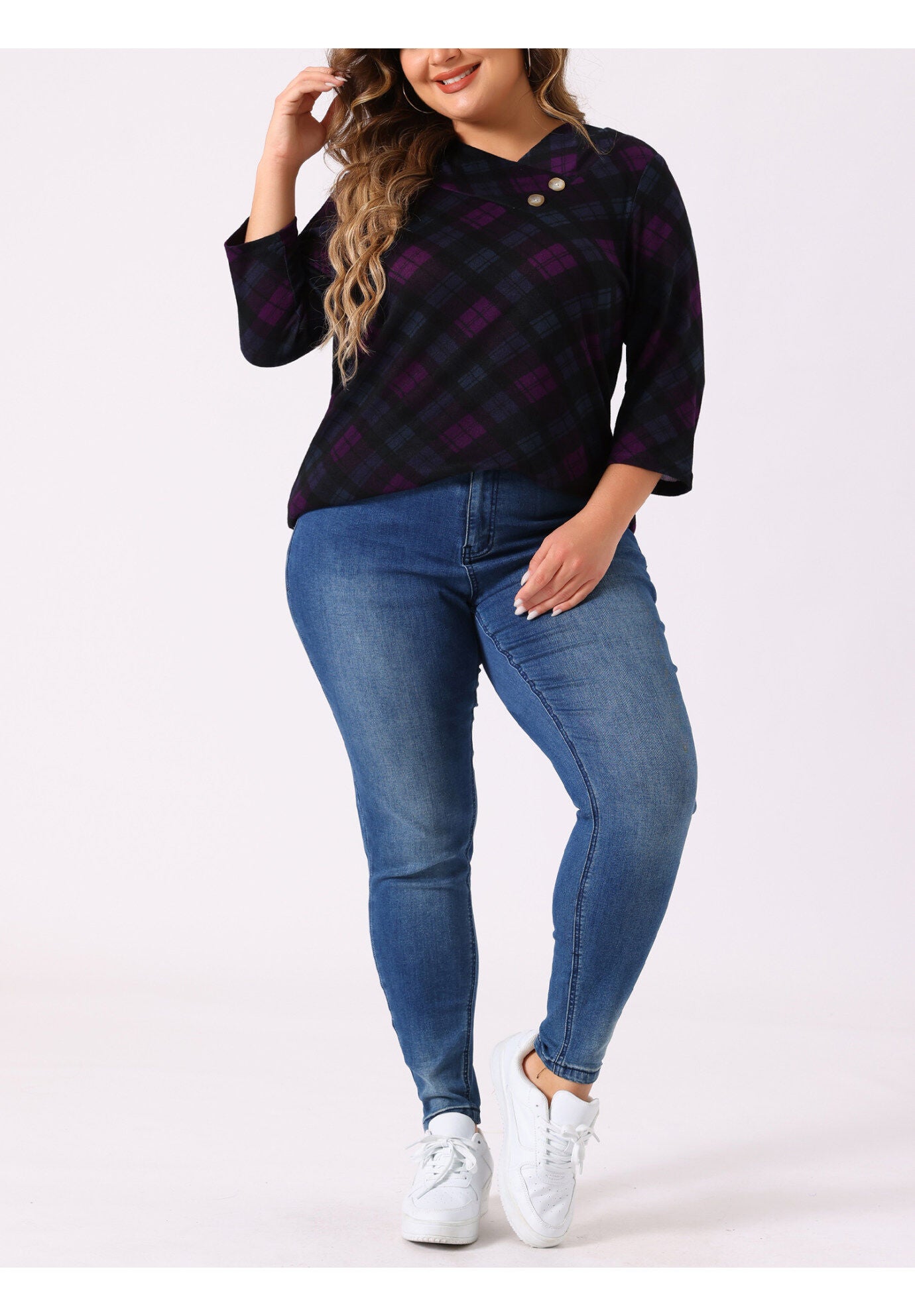 Stripe 3/4 Sleeve Tunic V Neck Knit Blouse, Purple Black / Black, alternate image number 1