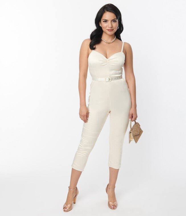 Unique Vintage Cream Satin Bridal Marcel Jumpsuit, White / White, hi-res image number 0