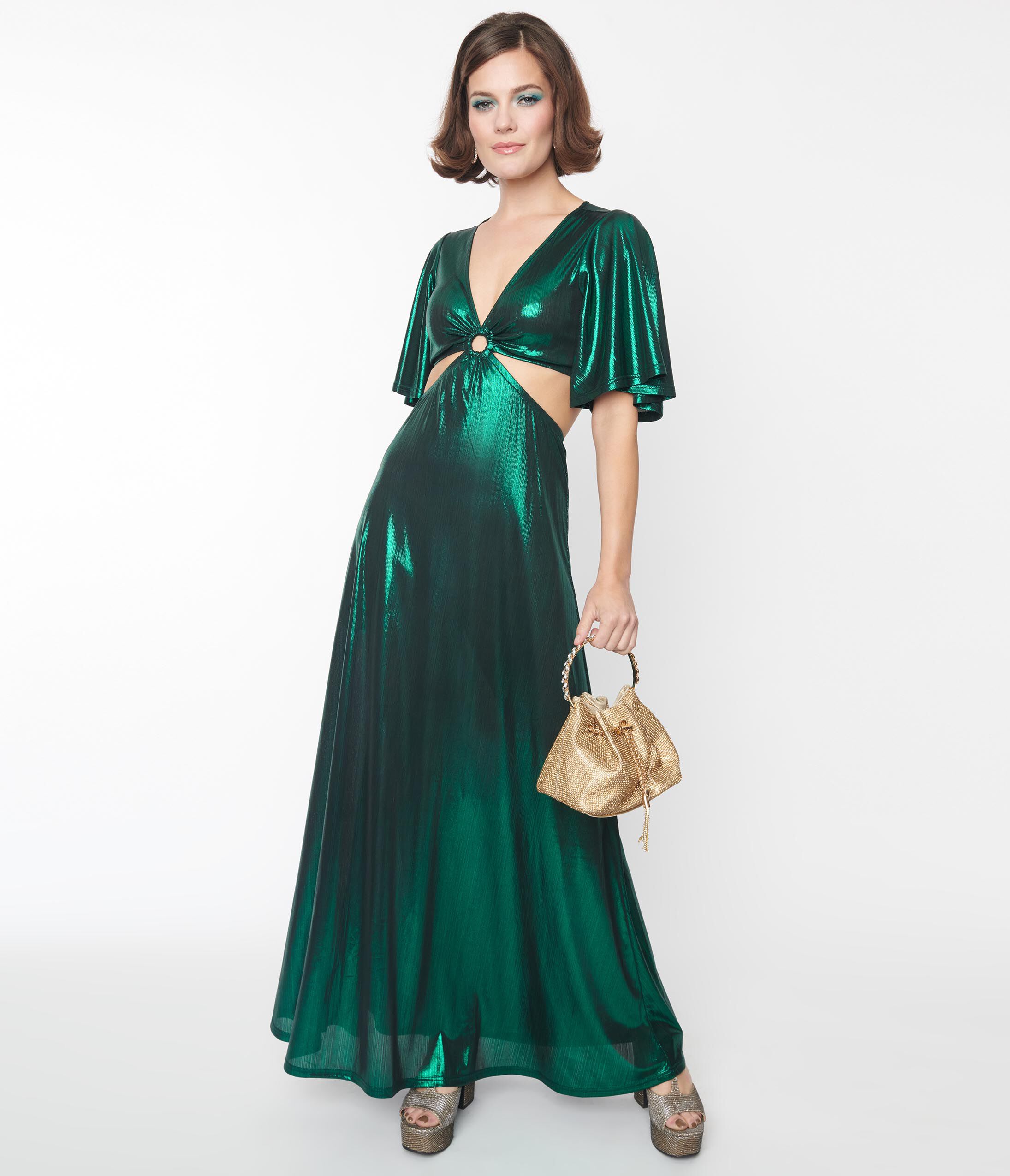 Smak Parlour Metallic Emerald Green Knit Maxi Dress, Green Metallic / Hunter Green, hi-res image number 0
