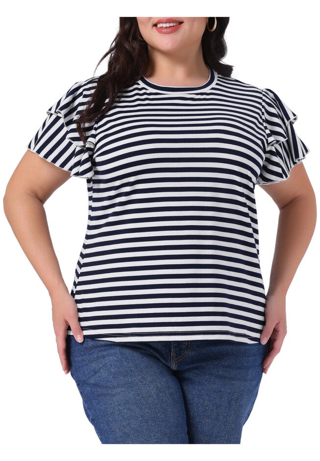 Summer Striped Ruffle Short Sleeve Casual T-Shirt, Navy Blue / Navy, alternate image number 2