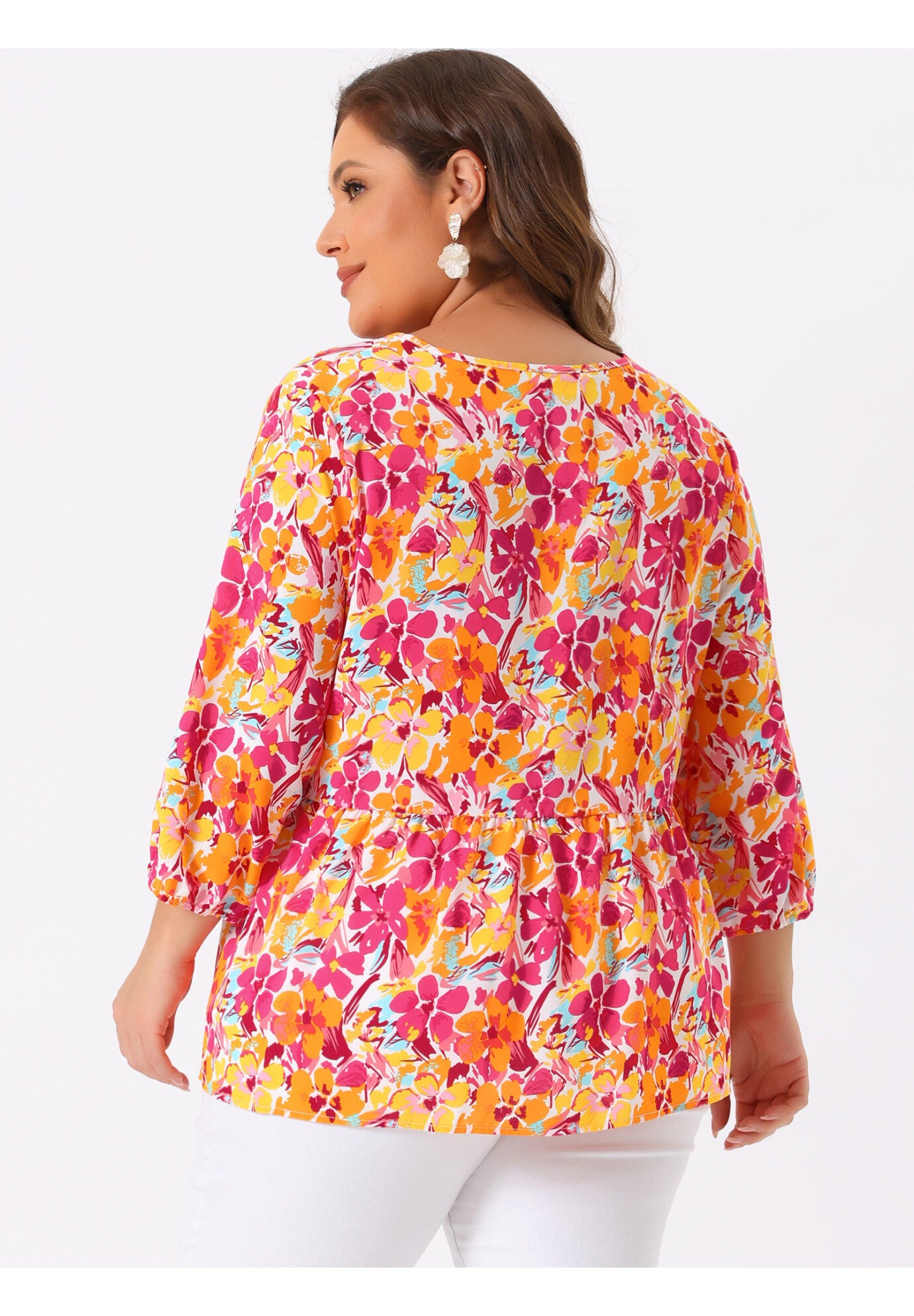 V Neck Babydoll Flowy 3/4 Lantern Sleeve Floral Blouse, Orange Pink / Pink, alternate image number 3