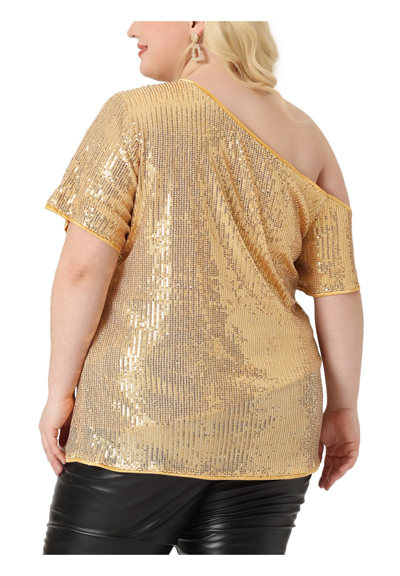 ONE SHOULDER SHORT SLEEVE METALLIC SEQUIN TOP, Gold / Gold, alternate image number 3
