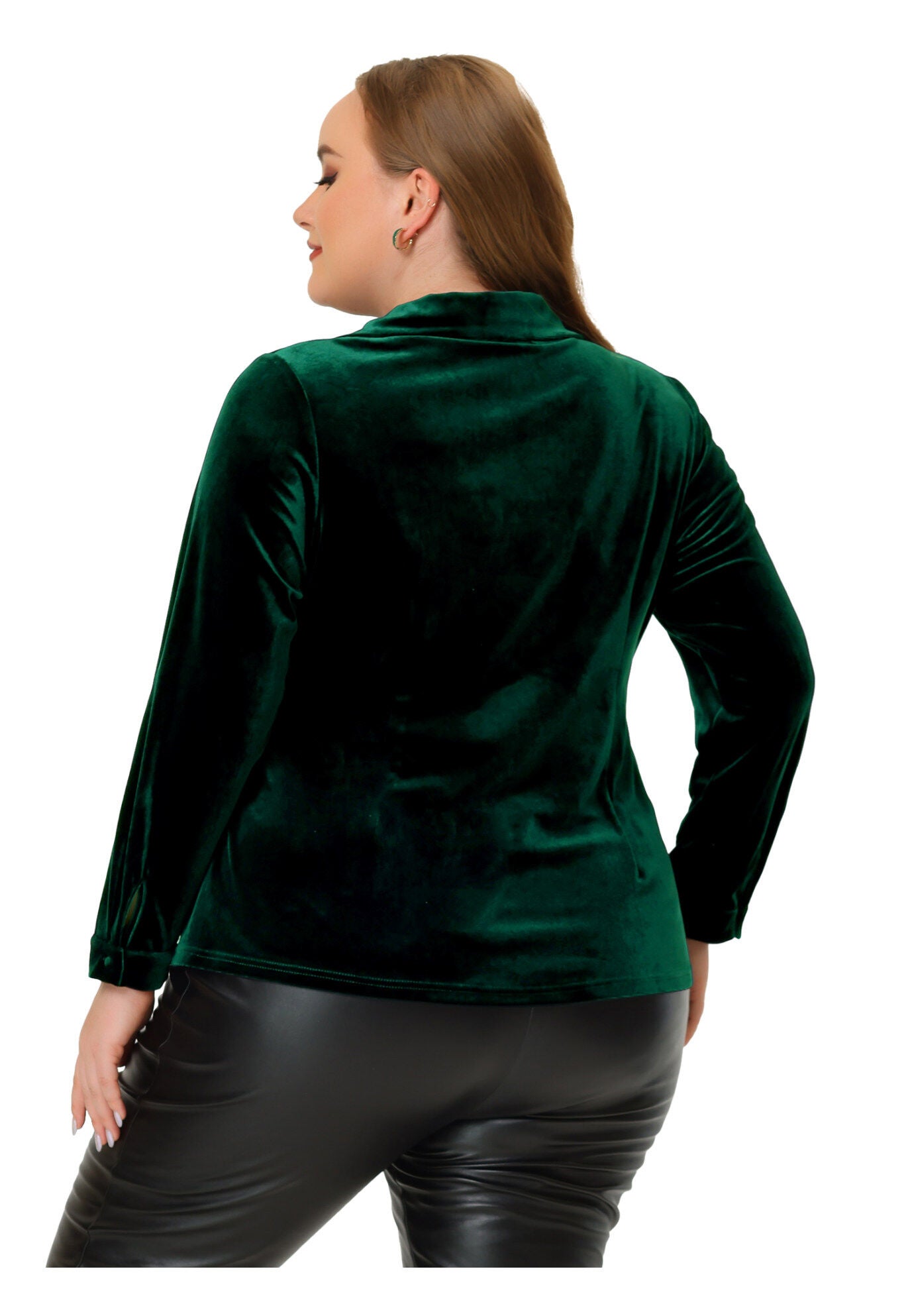 Velvet Lapel Long Sleeve Button Down Shirt, Green / Forest Green, alternate image number 2