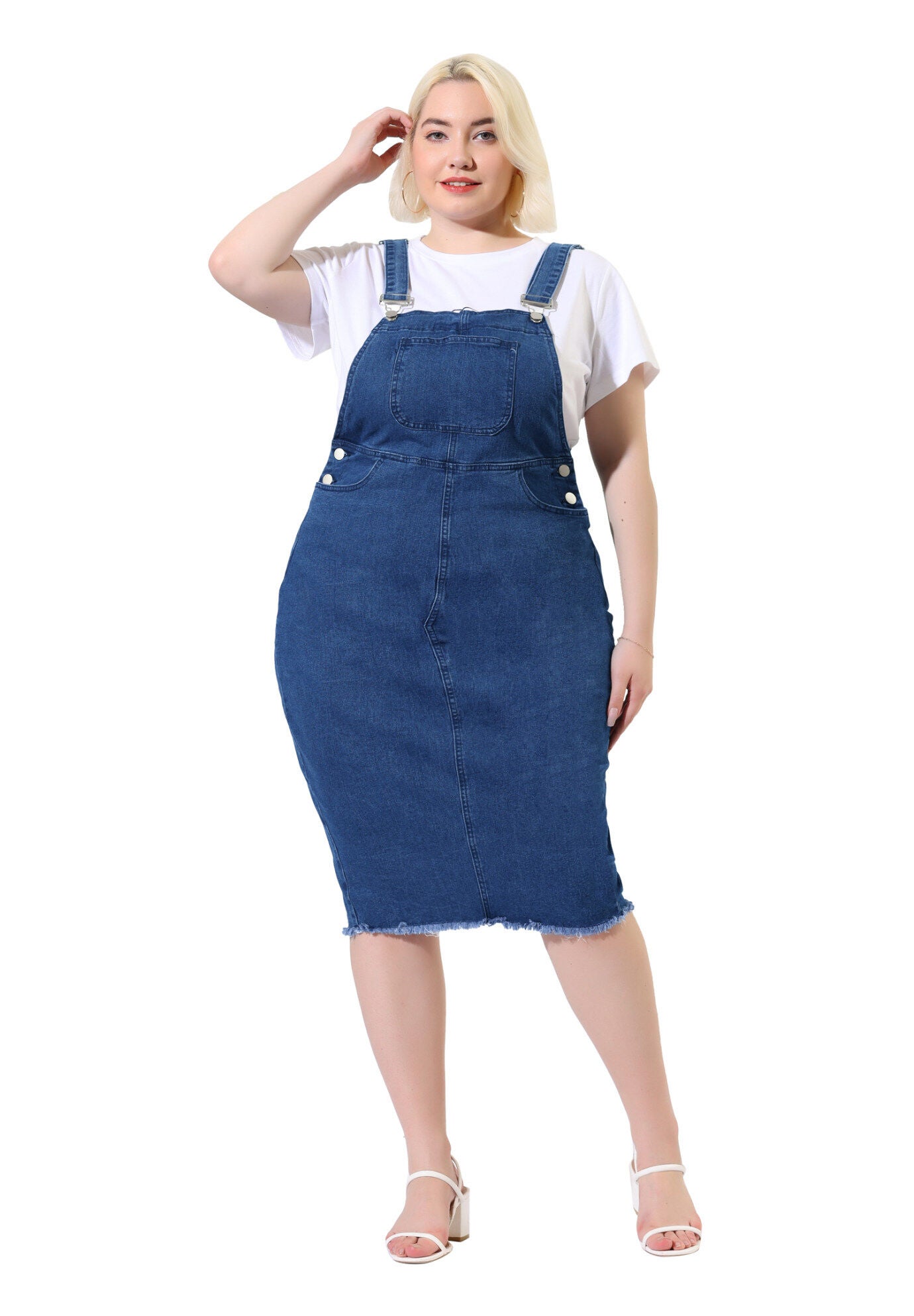 ADJUSTABLE STRAP BACK SLIT DISTRESSED DENIM OVERALL DRESS, Dark Blue / Navy, hi-res image number 0