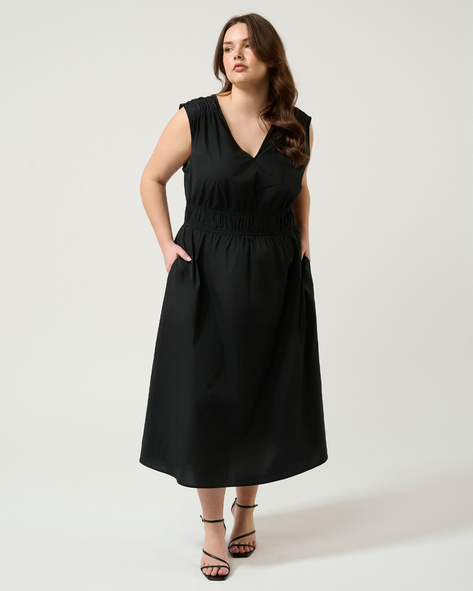 Allyssa Elasticated Midi Dress, Black / Black, alternate image number 3