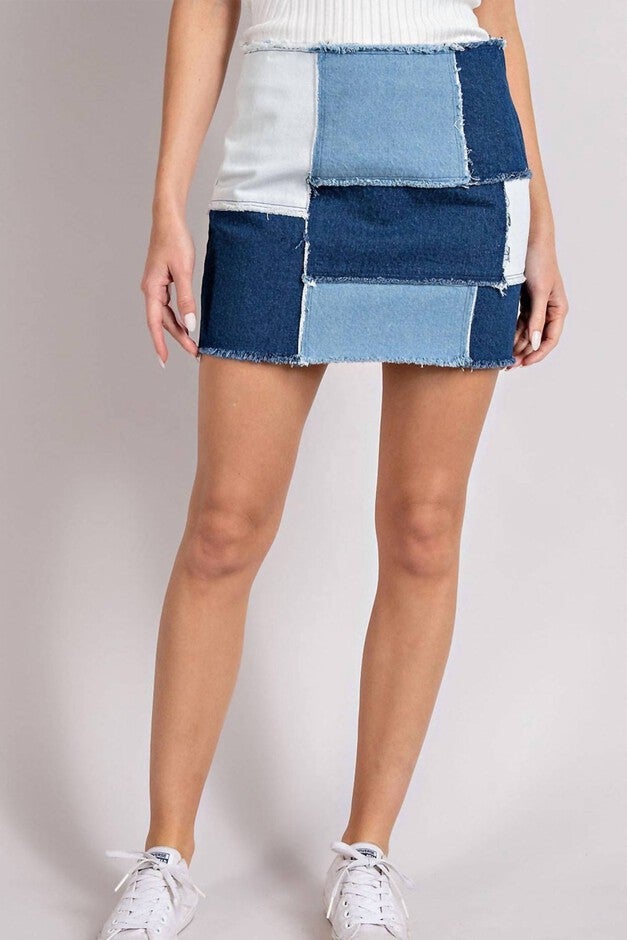 RETRO PATCHWORK COLOR BLOCK MINI SKIRT IN MINERAL WASHED DENIM, Mineral Washed Denim / Light Wash, hi-res image number null
