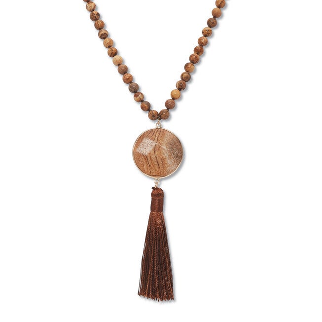Round Genuine Brown Jasper Goldtone Bezel Set Cabochon Beaded Necklace 34 Inch, Brown / Brown, hi-res image number 0