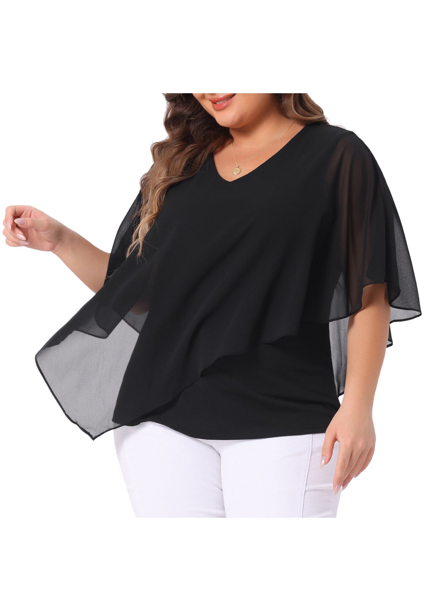 V Neck Flowy Shirt Double Layered Chiffon Top, Black / Black, alternate image number 1