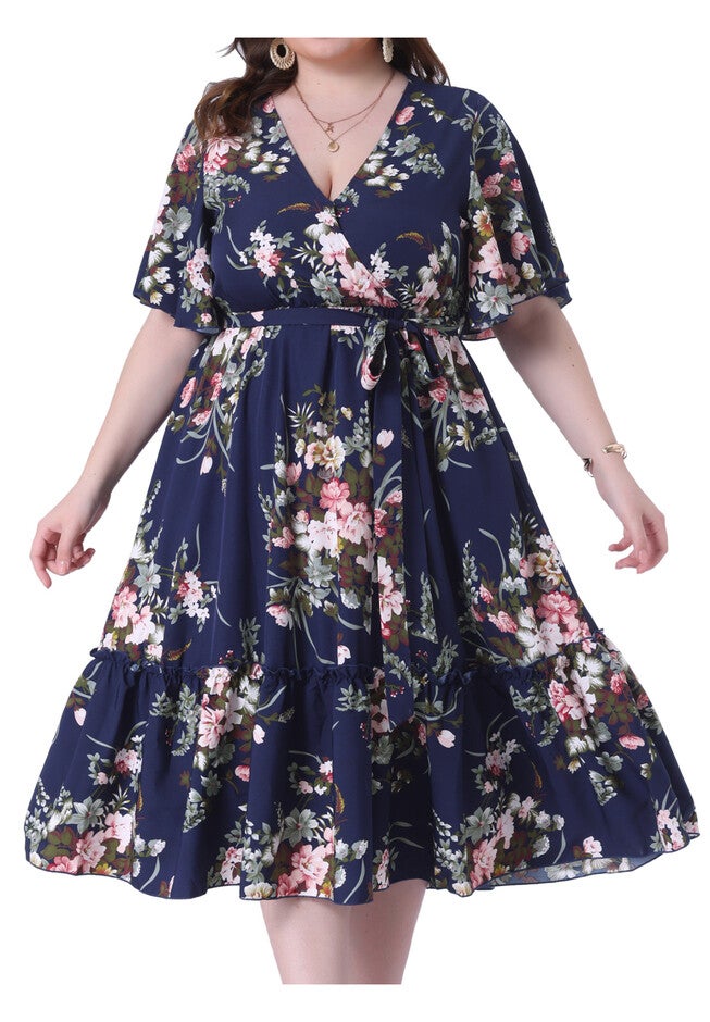 V Neck Wrap Dress Ruffle Sleeves Summer Floral Dress, Navy Blue / Navy, alternate image number null