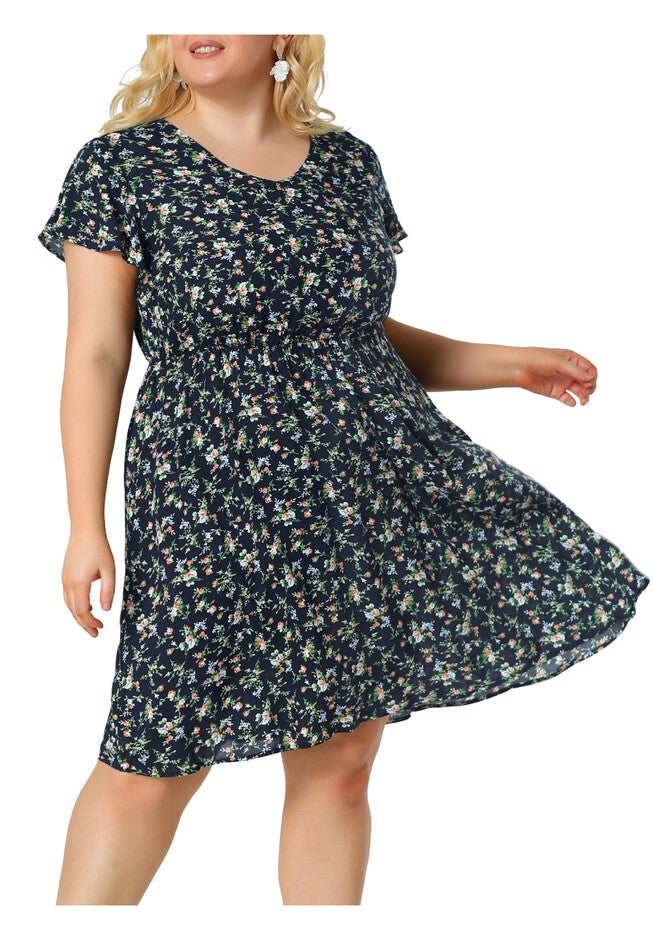 Summer V Neck Flare Sleeve Peplum Midi Ruffle Dress, Navy Blue / Navy, alternate image number null