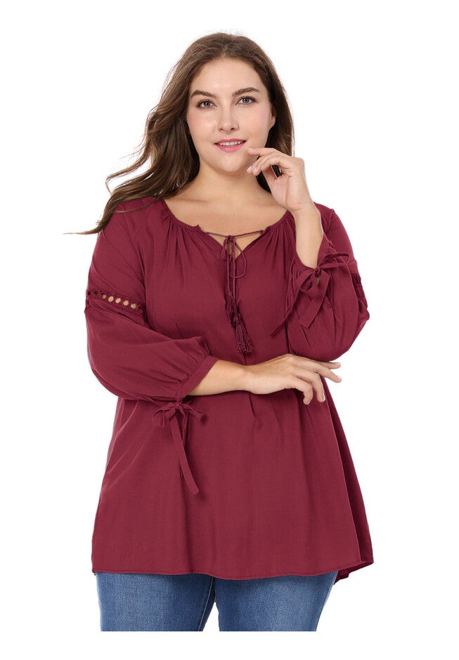 RAGLAN SLEEVES HOLLOW OUT TIE NECK PEASANT TOP, Burgundy / Red, alternate image number 1