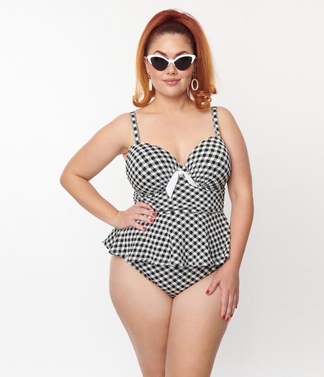 Unique Vintage Plus Size Black & White Gingham Daphne Swim Bottoms, Black  White Gingham / Black, hi-res image number 0