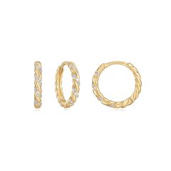 14K Gold & Diamond Twisted Huggie Hoops Gold