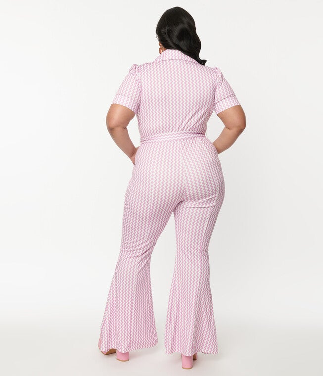 Unique Vintage Lavender & White Zig Zag Wide Leg Jumpsuit, LavenderWhite Zig Zag / Lilac, alternate image number 2