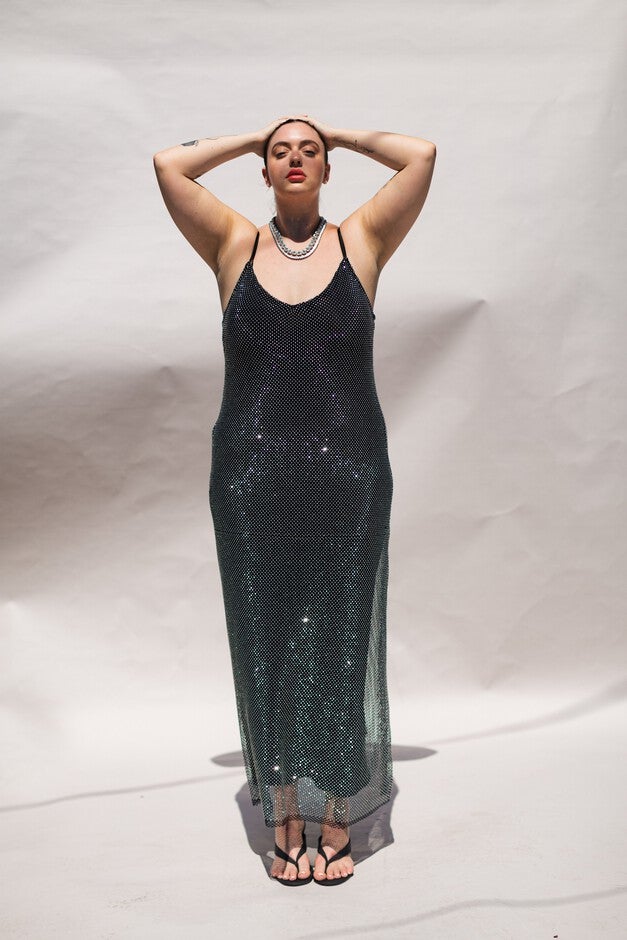 The Crystal Stone Mesh Dress- Hematite, Hematite / Black, alternate image number 4