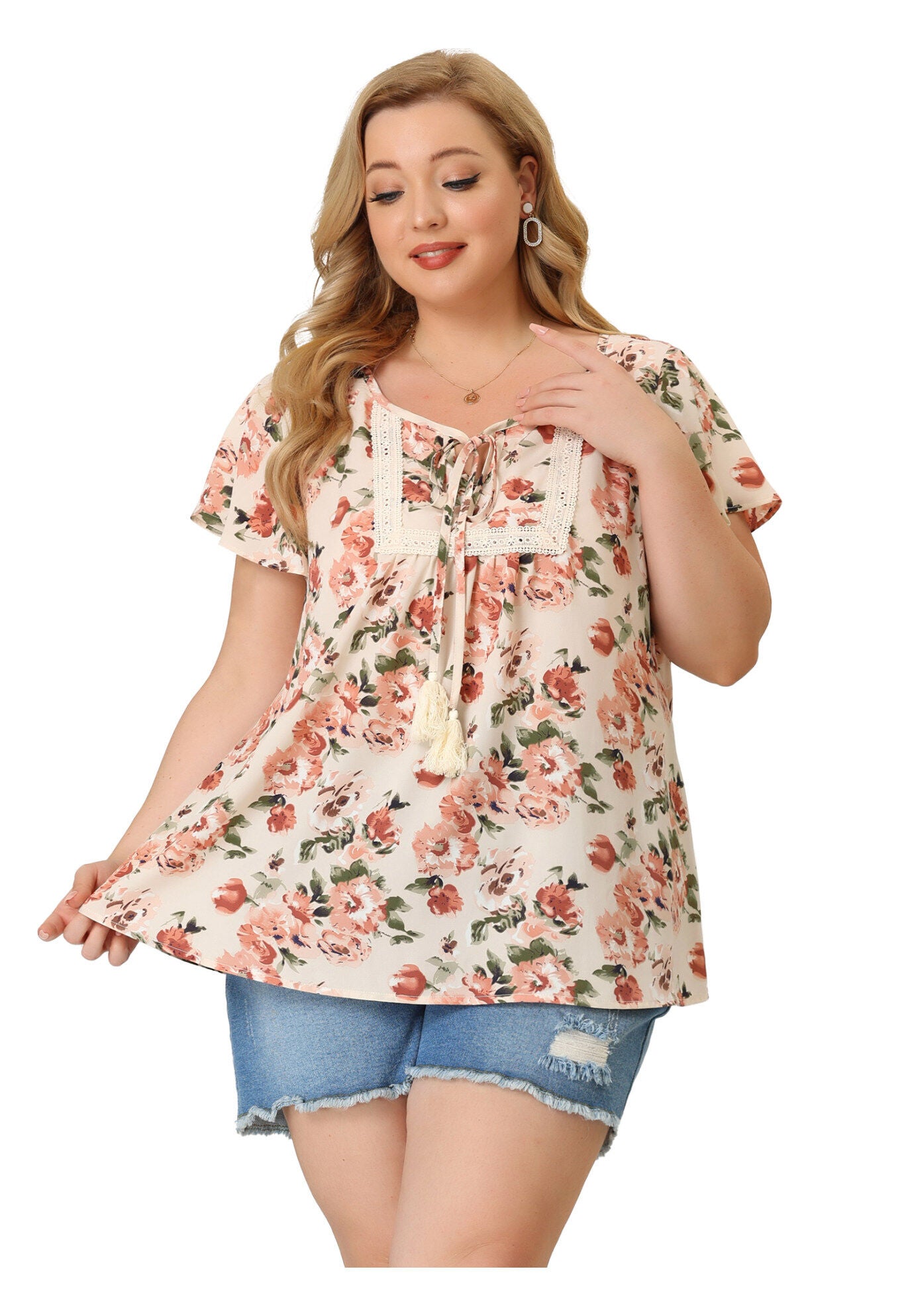 Short Sleeve Boho Top Floral Print Blouse, Apricot / Cream, alternate image number 3