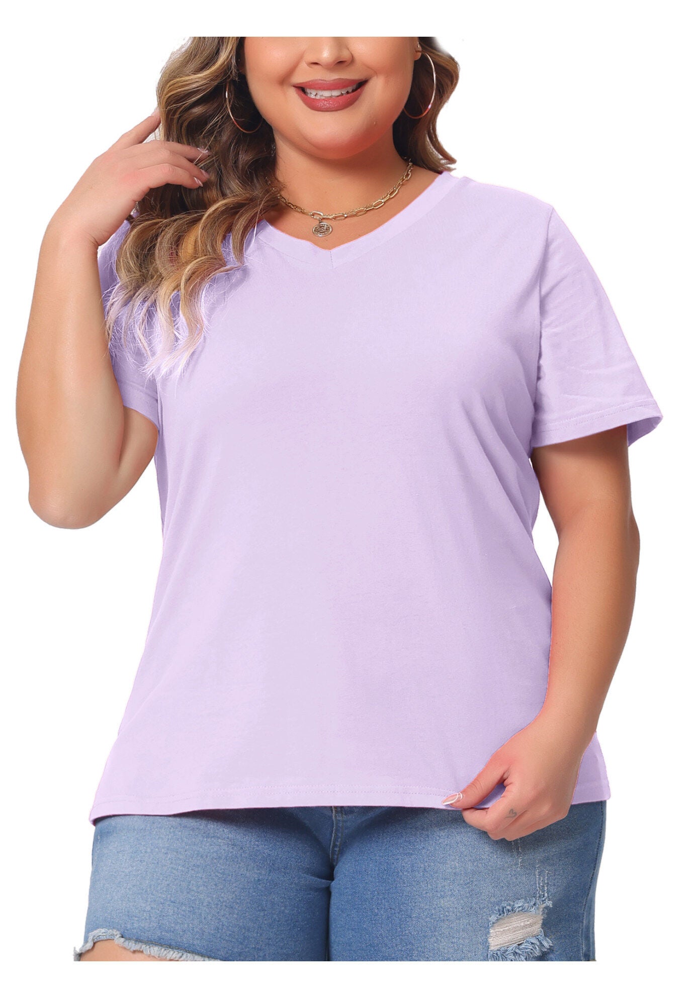 Short Sleeve V Neck Basic T-Shirt Top, Purple / Purple, alternate image number 4