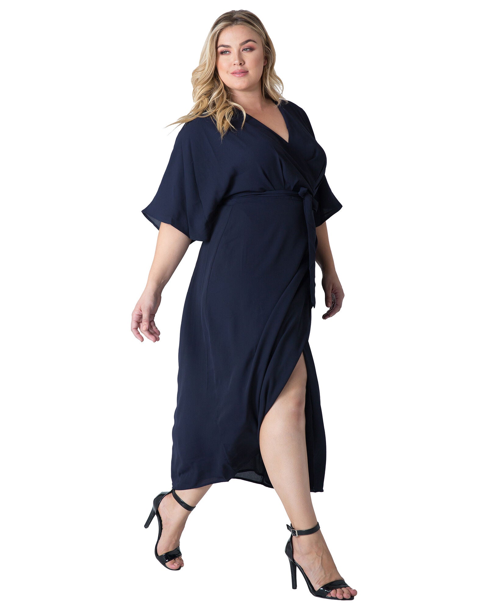 Plus Size Olivia Kimono Wrap Maxi Dress, Blue / Navy, alternate image number 2