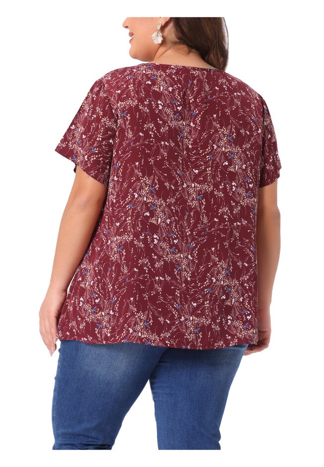Summer Top Floral Half Placket Short Sleeve Casual Blouse, Burgundy / Burgundy, alternate image number 3