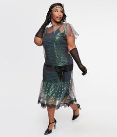 1920s Iridescent Peacock & Black Bow Flapper Dress