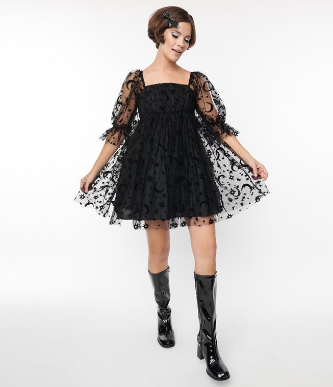 Smak Parlour Black Moon & Stars Love Interest Babydoll Dress, Black / Black, hi-res image number null
