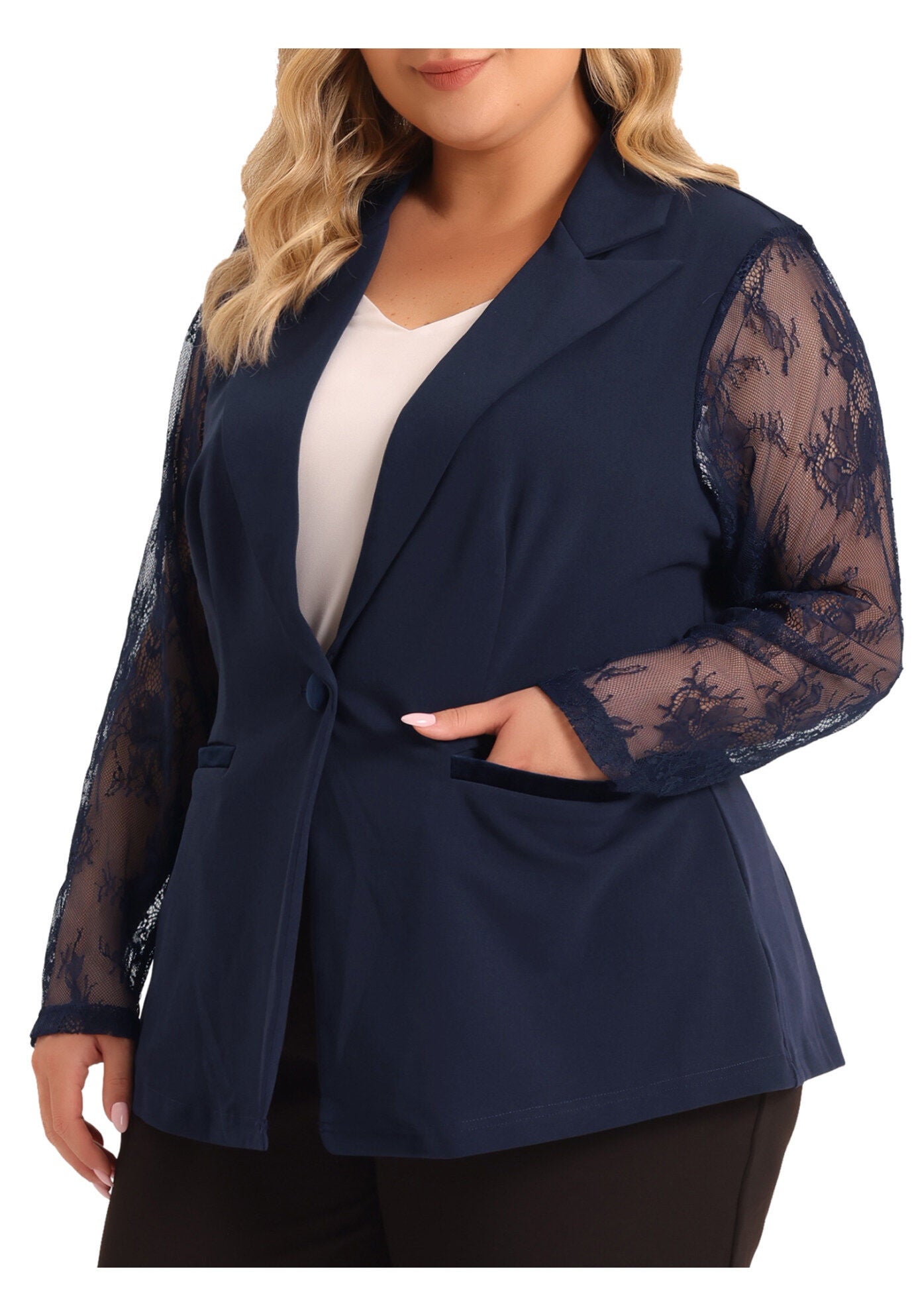 NOTCH LAPEL LACE FRONT BLAZER JACKET, Navy Blue / Navy, alternate image number 2