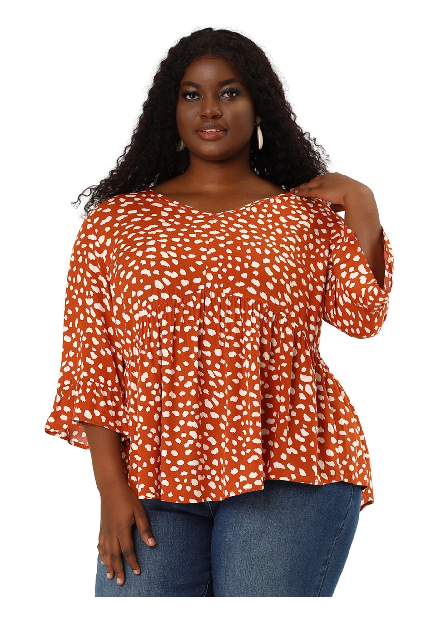 Polka Dots Blouse 3/4 Ruffle Sleeve Peplum Top, Orange / Orange, hi-res image number 0
