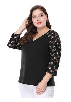 Casual V Neck 3/4 Sleeve Floral Raglan Top