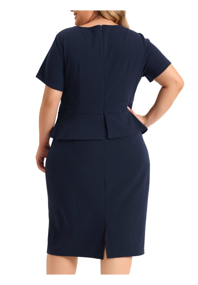 Short Sleeves Crew Neck Office Peplum Pencil Dress, Navy Blue / Navy, alternate image number 3