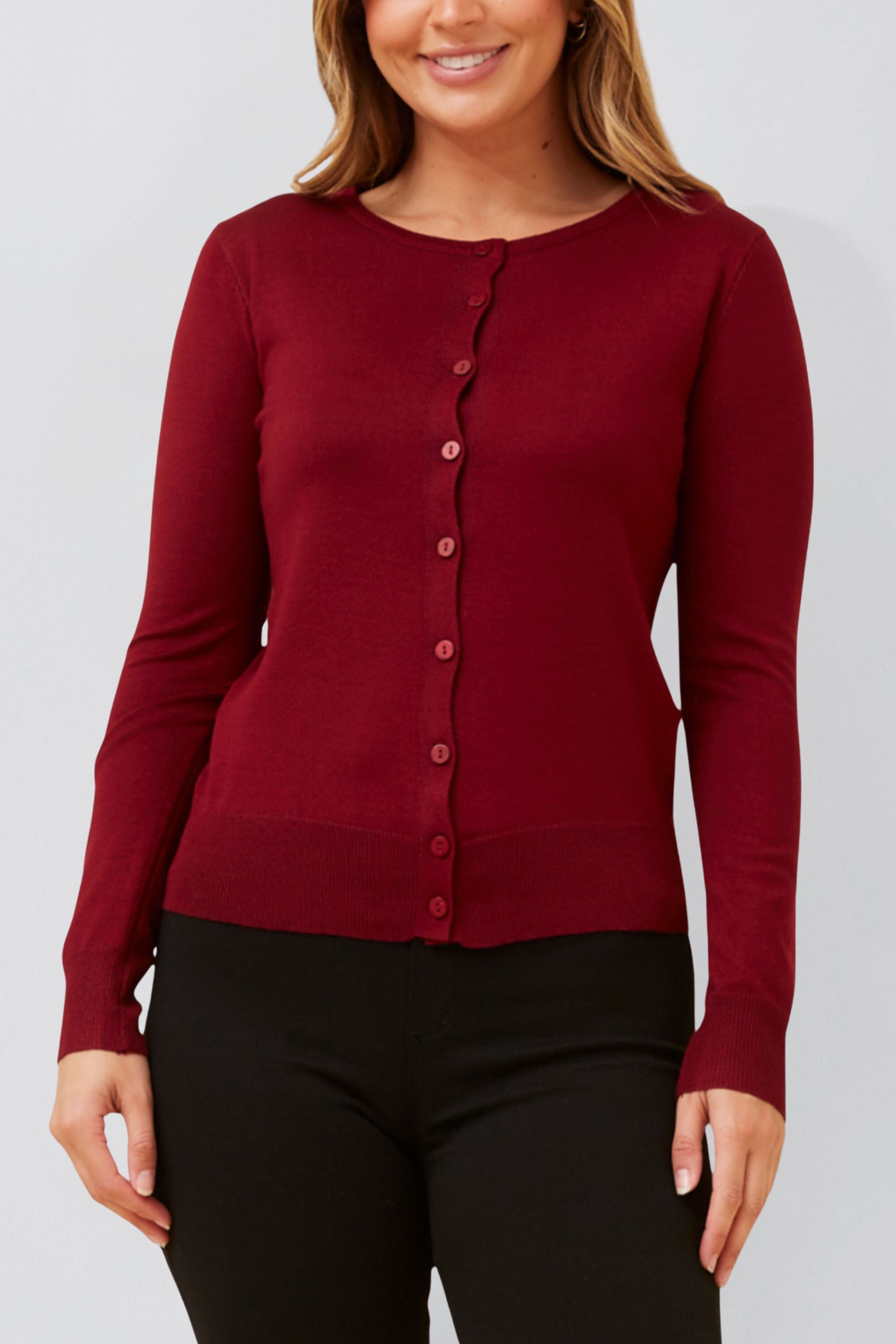 Noelle Women's Lightweight Button-Front Cardigan Round Neckline, RED / Red, hi-res image number 0
