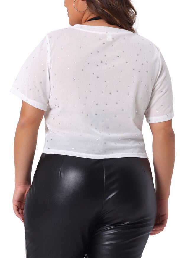 MESH TOP GLITTER SILVER STAR SHEER SEE THROUGH SHORT SLEEVE SHORT TEE, White / White, alternate image number 3