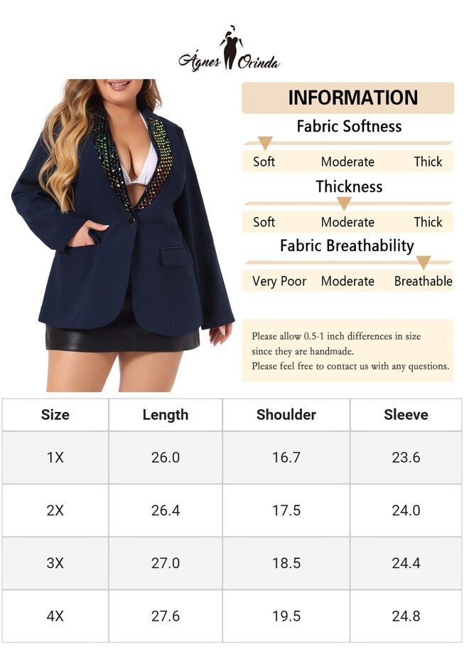 SHINY SEQUIN BUTTON LAPEL CASUAL BLAZER JACKET, Navy Blue / Navy, alternate image number 4