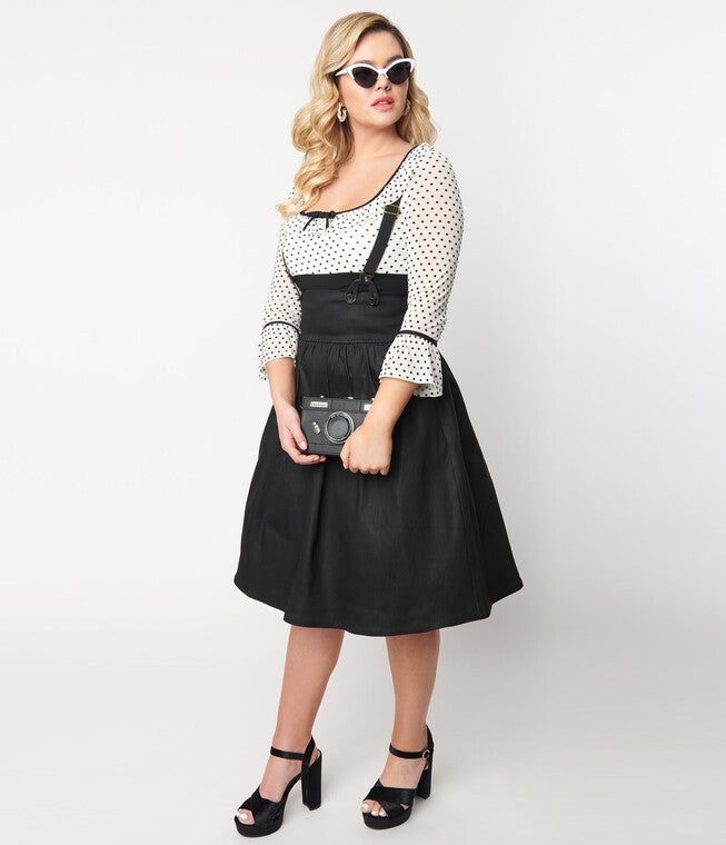 Unique Vintage Dark Denim Black High Waist Suspender Swing Skirt, Dark Denim / Dark Wash, alternate image number null