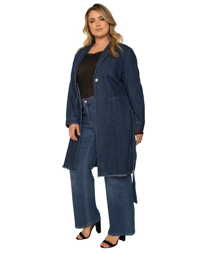Natalie Plus Size Denim Robe Long Sleeves Collared Jacket, , alternate image number 7
