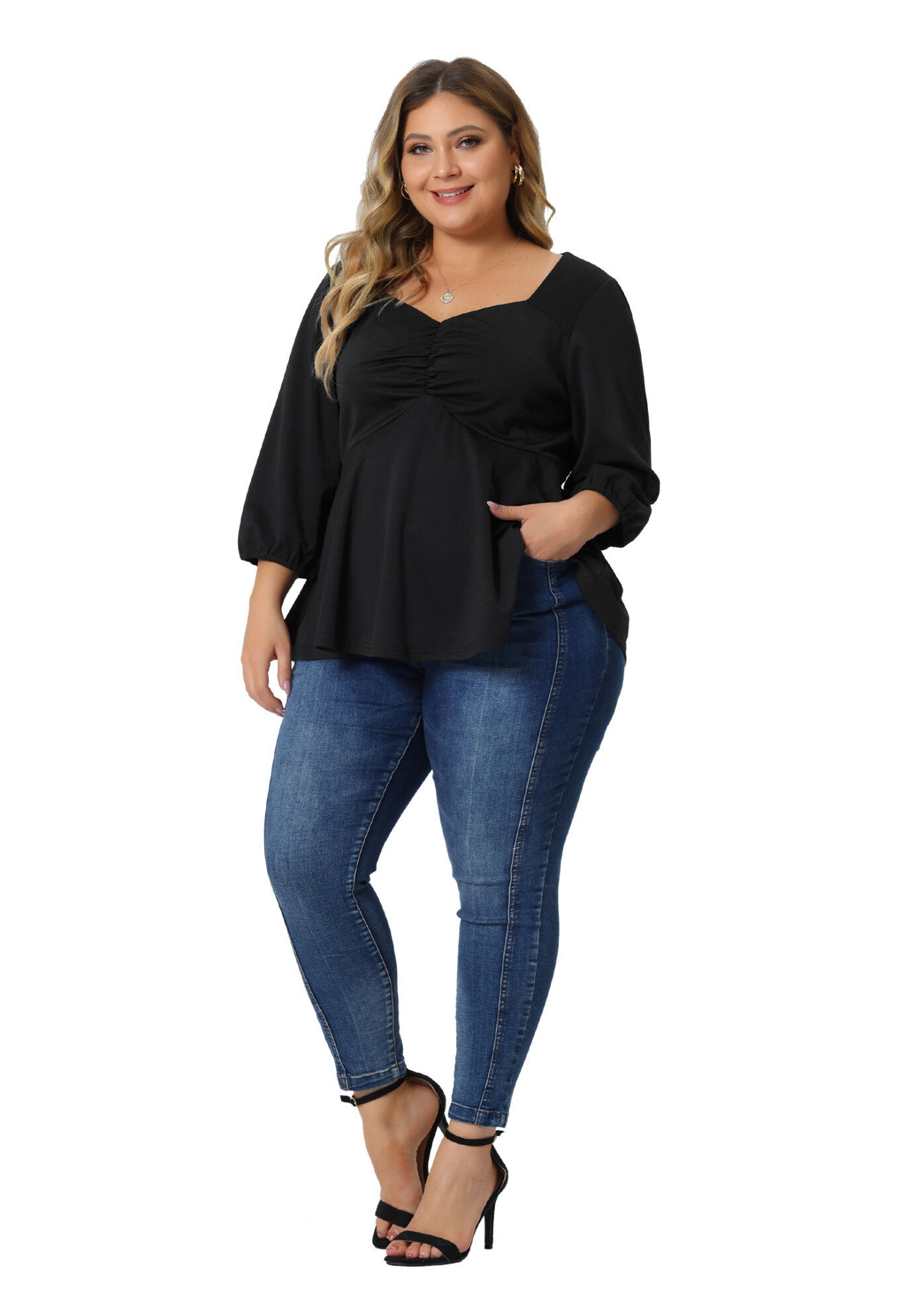 SWEETHEART V NECK ELBOW SLEEVE FRONT RUCHED PEPLUM BLOUSE, Black / Black, hi-res image number 0